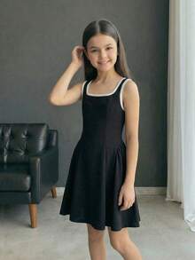 SHEIN Girls' Summer New Arrival Black & White Patchwork Sleeveless A-Line Dress, Sweet & Cute Daily Outfit - Black and White - View 5