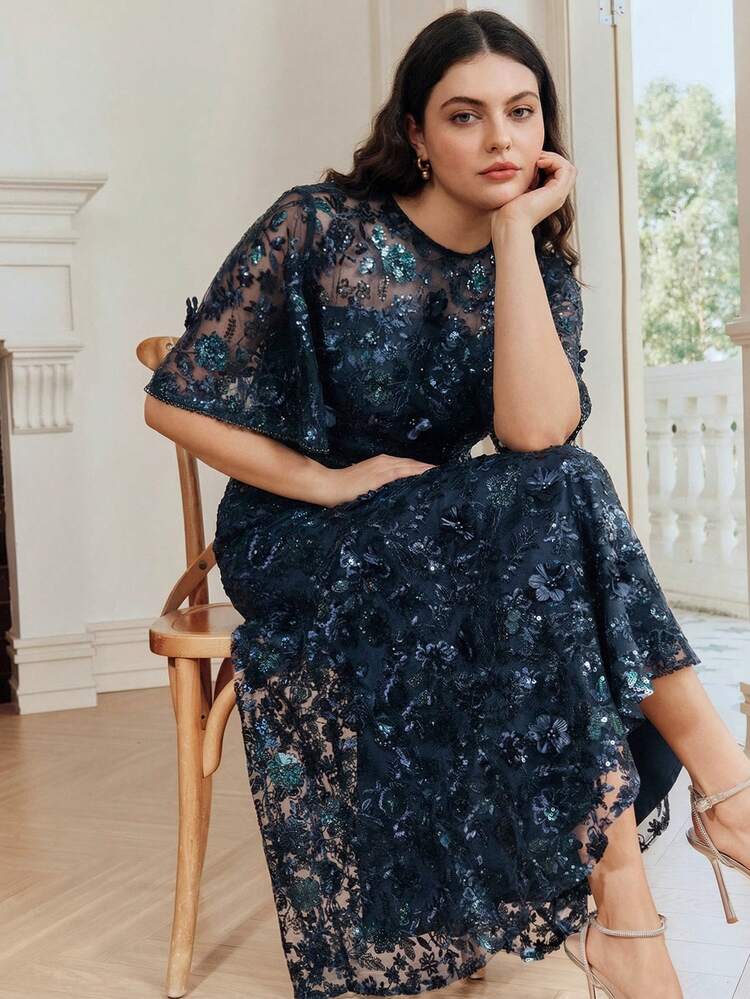 Elegant Navy Blue Floral Mesh Ruffle Trim Sequin Embellished Short Sleeve Dress, Suitable For Parties, Dates, Resorts, Spring/Summer Outfits