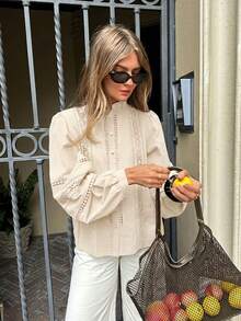 Serisse 女士度假刺绣镂空单排扣长袖休闲衬衫 - 杏色 - 查看 6