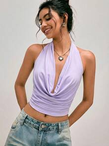 Easelle 复古浅紫色针织吊带露背上衣，紫色露背领可爱衬衫，Y2K 2000年代风格女装，露肩上衣 - 淡紫色 - 查看 4