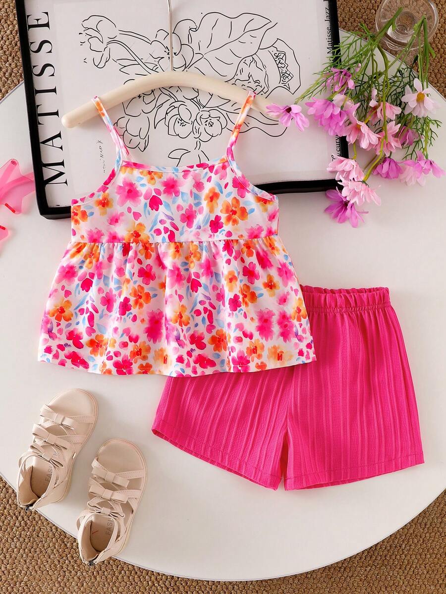 SHEIN Elladie kids Conjunto de top de tirantes y shorts con estampado floral para niñas, atuendo de verano refrescante y cómodo para salir, ropa de vacaciones dulce y linda - Rosa Fucsia - Ver 1