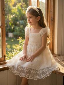 SHEIN Vintaside Kids Girls' Sweet French Style Hollow Back + Cap Sleeve Floral Embroidered Mesh Dress, Summer - White - View 1