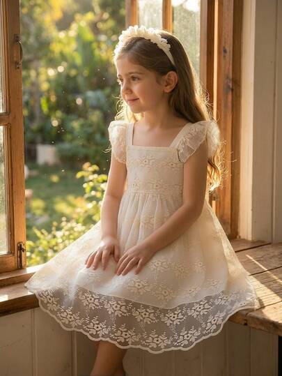 SHEIN Vintaside Kids Girls' Sweet French Style Hollow Back + Cap Sleeve Floral Embroidered Mesh Dress, Summer