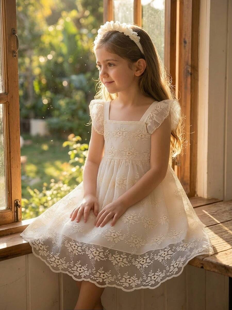 SHEIN Vintaside Kids Girls' Sweet French Style Hollow Back + Cap Sleeve Floral Embroidered Mesh Dress, Summer - White - View 1