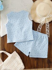 女童提花背心和短裤套装 - 藍色 - 查看 2