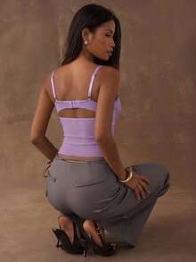 SHEIN BAE Atasan Camisole Wanita Kasual Sehari-hari untuk Perjalanan, Warna Polos, Kontras Renda, Bagian Belakang Berlubang, Tanpa Punggung, dengan Kawat Penyangga, Panjang Pendek - Mauve Purple - View 2