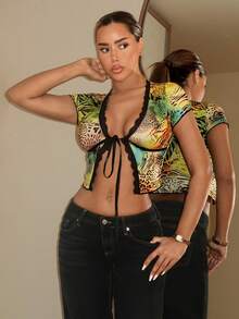 SHEIN ICON Sexy V-Neck Printed T-Shirt For Women - Multicolor - View 4