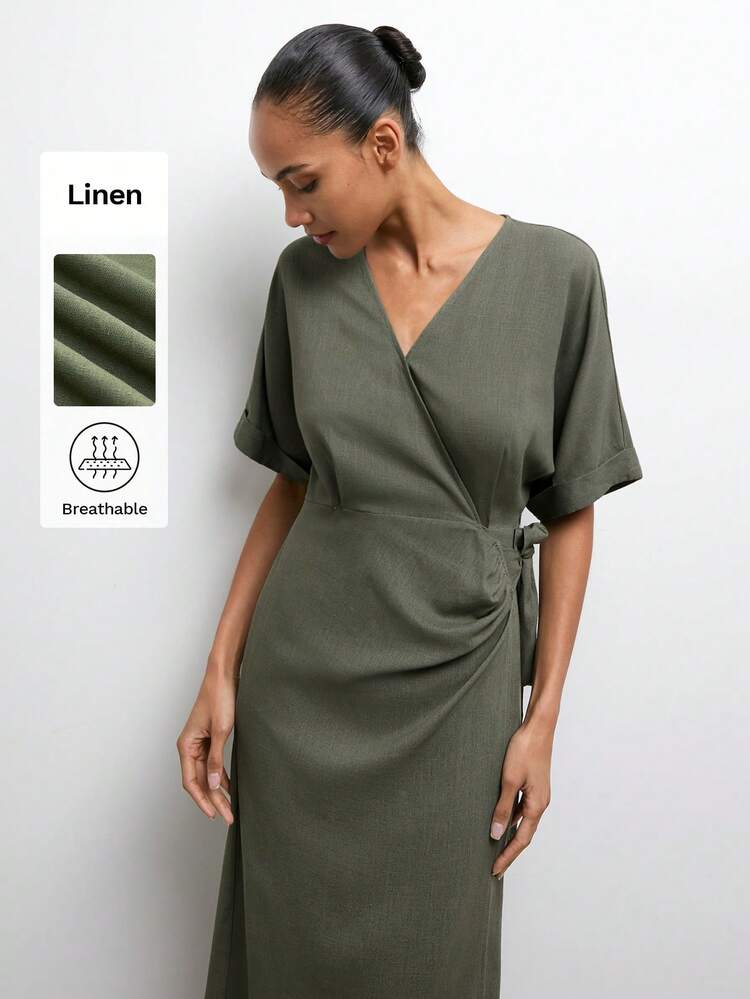 SHEIN Maija Women's Solid Color Crossed V-Neck Short Sleeve Side Knot Elegant Dress,Summer Clothes,Beach Dresses ,Green Dress ,Casual Dresses,Summer Holiday Outfits,Vacation Outfits For Women Wrap Dresses For Women Women's Dress Wrap Dress New In Dresses Formal Wear Short Sleeve Wrap Dress Women's Summer Dress,Summer Dresses For Women