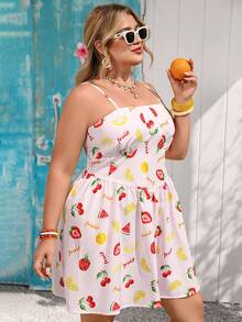Vivid Eden Plus Size Women's Strawberry & Pineapple Fruit Print Pink Camisole Dress,Cute Summer Boho Beach Holiday Vacation Outfit,Picnic Fruit Print Dress - Pink - View 3