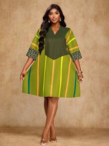 Brilight 女士优雅性感收腰连衣裙南非传统连衣裙派对聚会艺术印花流行色条纹短款连衣裙艺术写真拍摄连衣裙春夏女装 - 綠色 - 查看 5