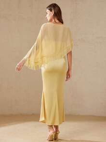 BELROSIE Elegant Women's Satin Slip Dress With Chiffon Fringe Hem Shawl, Luxury Design For Dates, Two Pieces Set - Beige - View 6