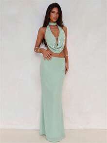 Aloruh 女士优雅性感V领串珠装饰吊带上衣搭配纯色雪纺低腰鱼尾裙两件套，完美海滩度假之选 - 薄荷綠 - 查看 10