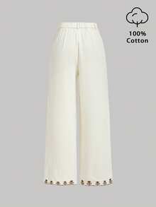 SHEIN MOD 女士米色度假风刺绣宽松阔腿裤 - 杏色 - 查看 3