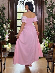 Lyrianda Plus Size Off-Shoulder Lace Patchwork Faux Pearl Chain Decor Floral Vintage Elegant Vacation Party Dress, Sweet Pink - Pink - View 2