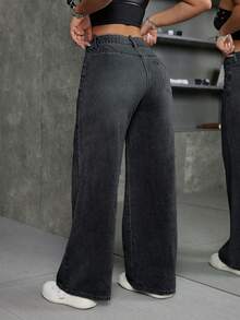 SHEIN Tall 女士时尚休闲宽松直筒牛仔裤 - 黑色 - 查看 2