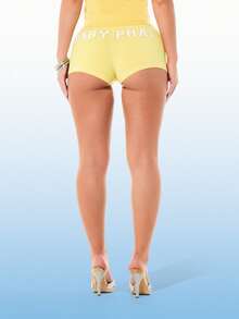 BABYPHAT Jersey Mid Rise Fitted Shorts With Logo Print And White Contrast Trim Summer Casual Bottoms - Yellow - View 2