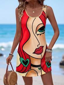 Sylviya 女士圓領數字印花無袖夏季裙子 "愛" - 紅色 - 查看 5