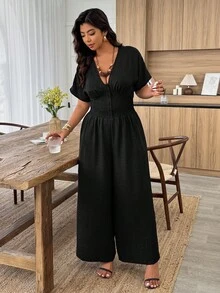 SHEIN LUNE جمبسوت نسائية مقاس كبير مع أكمام خفيفة مطوية وإغلاق بحزام الخصر، كاجوال للربيع/الصيف - الأسود - مشاهدة 4