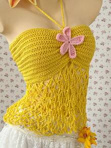 SuriyaCove Women's Floral Pattern Hollow Out Casual Versatile Daily Wear Knit Top - Yellow - View 3