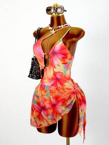 Zestiva Vestido de una pieza con estampado floral, accesorio circular, tirantes irregulares y huecos, espalda descubierta, traje de baño triangular sexy, conjunto de dos piezas para vacaciones de primavera y verano en la playa - Multicolor - Ver 4