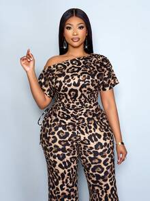 SOLERSUN Plus-Size Women's Brown,Autumn,Classy,Night Out Club Leopard Print Two Pieces Set,Off-Shoulder Drawstring Top & Slim-Fit Flared Pants Party Set - Brown - View 4