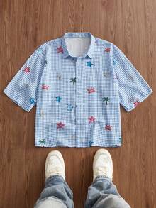 SWAVVY Men's Plaid & Cartoon Print Button-Front Short Sleeve Shirt - Blue - View 7