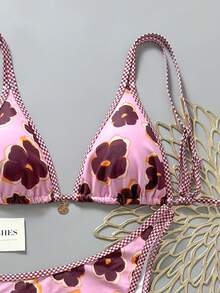 Swim Mod 2026 Random Pink Flower + Pink Plaid Adjustable Crisscross Back Gold Pendant High Cut Bikini Swimsuit 2 Piece Set For Women - Multicolor - View 4