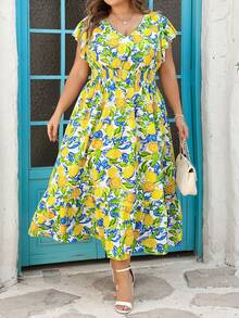 SHEIN CURVE+ Curve 尺码 US22 音乐节、海滨度假、波西米亚风女士优雅褶皱短袖弹力腰水果印花连衣裙，春夏沙滩度假连衣裙，沙滩装 - 黃色 - 查看 6