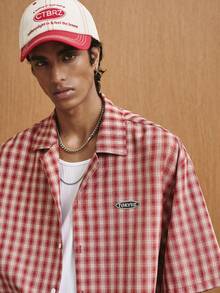 TOKVUE 男士提花格子短袖衬衫 - 紅色 - 查看 5