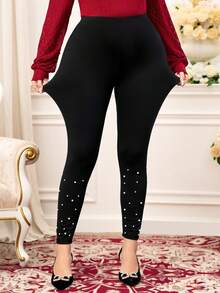 Miaspire 大码女式仿珍珠装饰打底裤，百搭日常穿着 - 黑色 - 查看 4