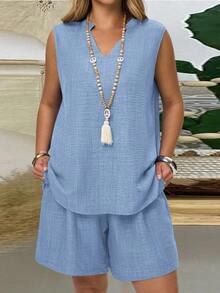 EMERY ROSE 大码女式V领纯色上衣和短裤两件套休闲套装 - 淺藍色 - 查看 1