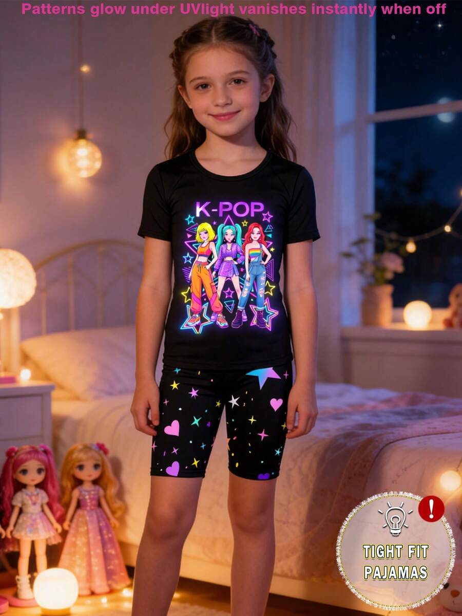 Glowmode Tween Girls Glow-In-The-Dark UV Reactive Girl Group Print Knit Top And Shorts 2-Piece Pajama Set,Black,Summer,Y2k,Home Wear,Sleep Snug Fit - Black - View 1