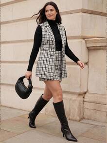 Juhart Plus Size Women Plaid Pattern Vest + A-Line Midi Skirt 2 Piece Set, Elegant For Daily Commute - Multicolor - View 1