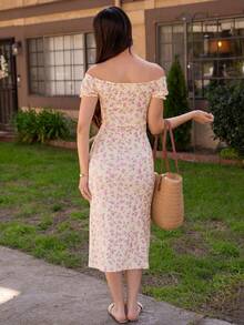 Andrea Bello Women Off Shoulder Split Ditsy Floral Dress - Butter Yellow - View 2