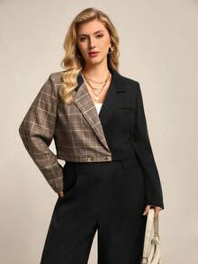 Juhart Plus Size Women's Fashion Contrast Plaid Print Suit Set - Black - View 4