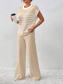 EMERY ROSE Conjunto informal de 2 piezas de punto holgado con cordón en contraste de color para mujer - Albaricoque - Ver 7