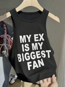 Comfortcana Plus Size Casual Slogan Print Sleeveless Round Neck Tank Top, Spring/Summer - Black - View 3