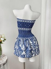 Sweetra Nuevo vestido bohemio de verano con estampado, cintura ceñida y escote sin tirantes - Azul - Ver 2