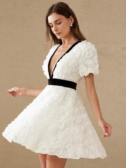 Aveloria Rosie Elegante abito da donna in stile francese, con scollo a V, accento floreale 3D, maniche corte a campana e vita in contrasto, adatto per appuntamenti serali o San Valentino