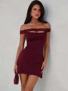 Aloruh Women's Elegant Off Shoulder Lace Patchwork Burgundy Mini Dress,Summer 70's Club Night Party Disco Asymmetrical Hem Night Out Honeymoon Outfit - Burgundy - View 3