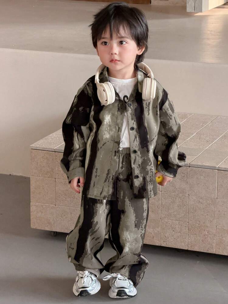 2pcs Toddler Boys' Gradient Korean Style Long Sleeve Shirt And Pants Set