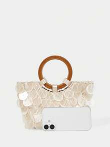 SHECARRY Ladies, Women Imitation Round Seashell Pieces Top Handle Bags, Wooden Handle, Fashionable, Elegant, Simple, Personalized, Versatile, For Beach, Vacation, Holiday, Summer, Seaside, Beach Party - Beige - View 5