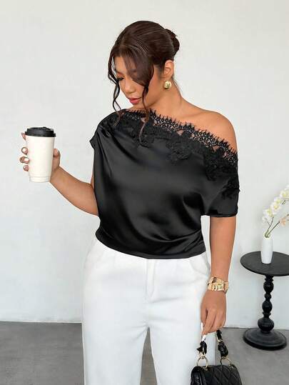 Firerie Plus Size Women's New Asymmetric Neckline Ruched Satin Shoulder Blouse, Lace Trim Collar Shirt, Satin Oblique Collar Blouse, Daily Commute Women's Shirt, Spring Summer Clothing, Elegant, Commute, Date, Work Outfit, Vacation, Teacher's Day Outfit