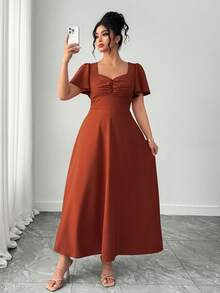 Elenzga Plus Size Women's Solid Color Sweetheart Neck Casual Spring/Summer Vacation French Retro Elegant Commuter Dress - Coral Orange - View 7