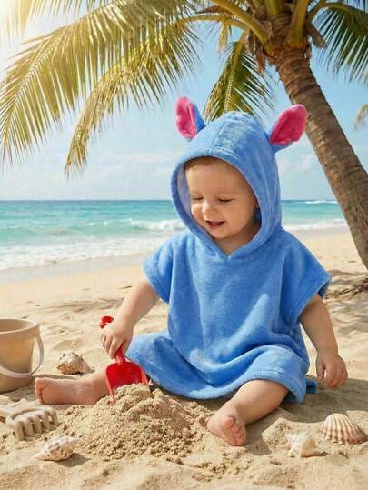 SHEIN Bubblio 可爱卡通图案宽松连帽法兰绒泳衣罩衫，用途广泛，适合海滩、水疗、游泳，男女宝宝均适用。