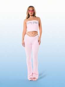 BABYPHAT 女士高腰喇叭紧身裤，腰部饰有绑带，并印有天使翅膀图案，粉色弹力针织面料 - 粉色 - 查看 4