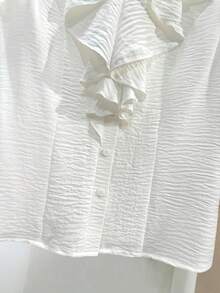 Franclia 女士优雅纹理面料立领荷叶边垂褶装饰开襟短袖衬衫 - 白色 - 查看 4