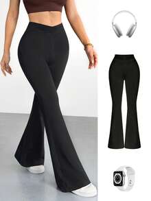 valorelle valorelle Pantalones acampanados de unicolor, versátiles y casuales para uso diario de mujeres - Negro - Ver 3
