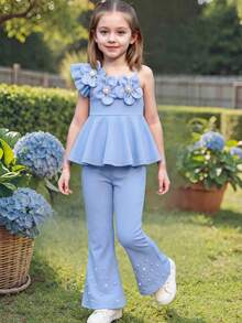 Elladie kids Young Girls 3D Floral Pearl Decor Asymmetric Hem Top + Flare Pants 2pcs Set, Suitable For Birthday, Vacation, Party, Spring/Summer - Blue - View 4