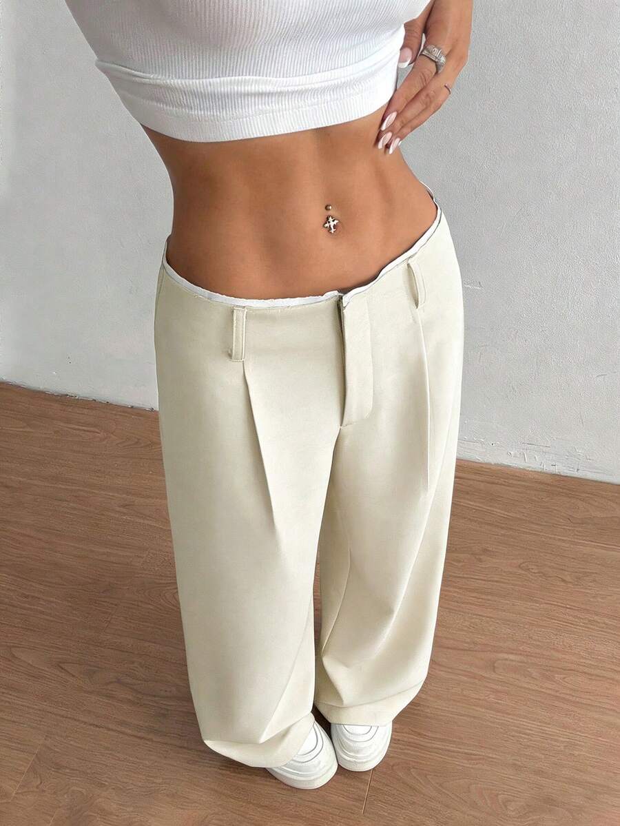 SHEIN Unity Casual Women's Beige Extra Long Straight Leg Woven Pants With Zipper Detail - Beige - View 1